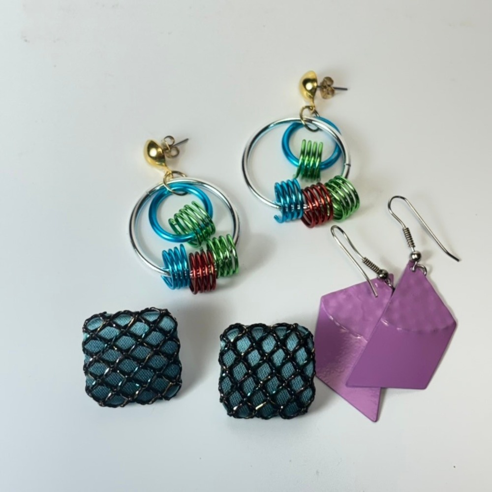 Vintage Earrings Set Multicolor Eclectic Fabric Painted Metal Boho Y2K 90s Style